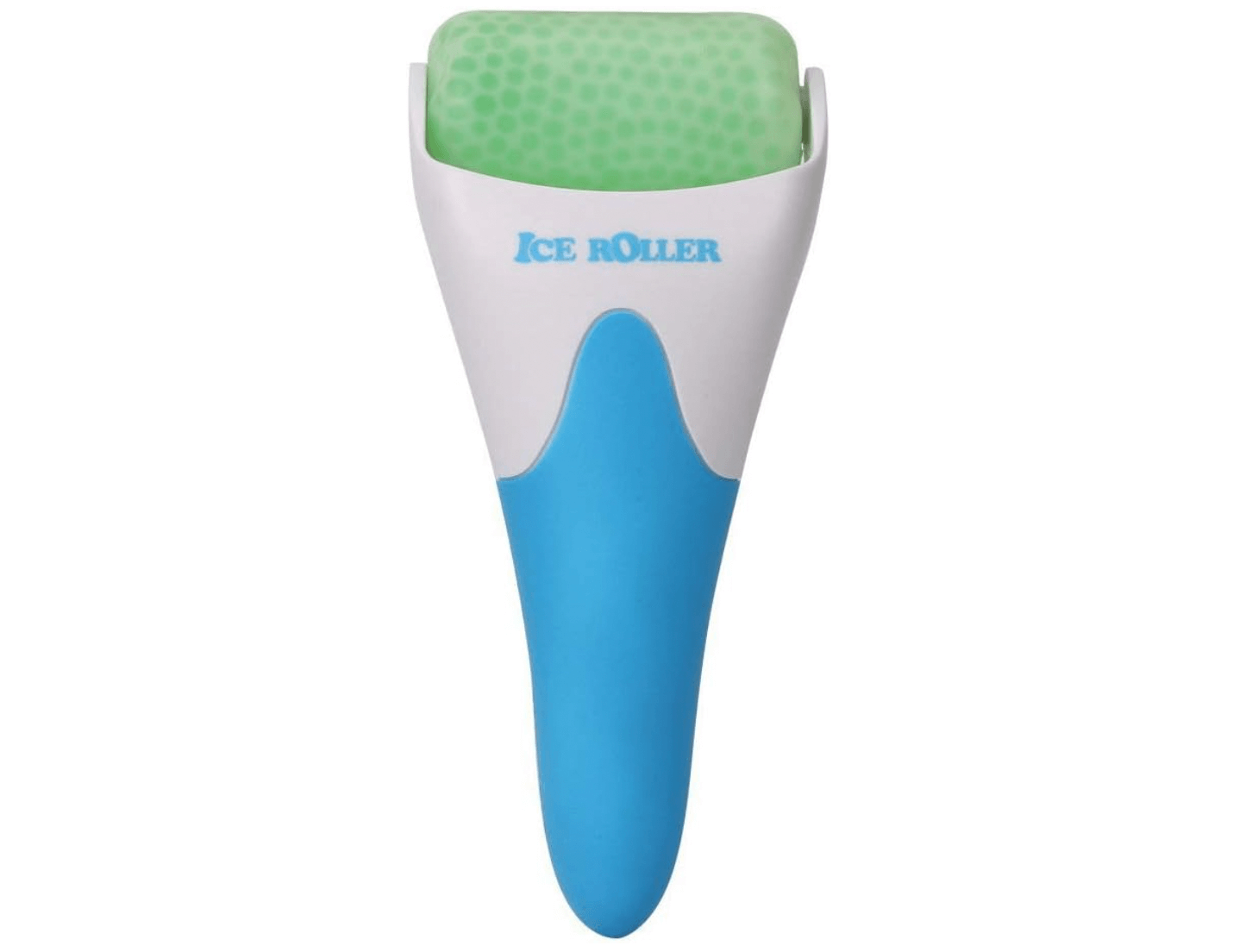 A handheld ice roller featuring a sleek white and blue handle with a textured green roller head. Perfect for rejuvenating your skin routine with ease and style.