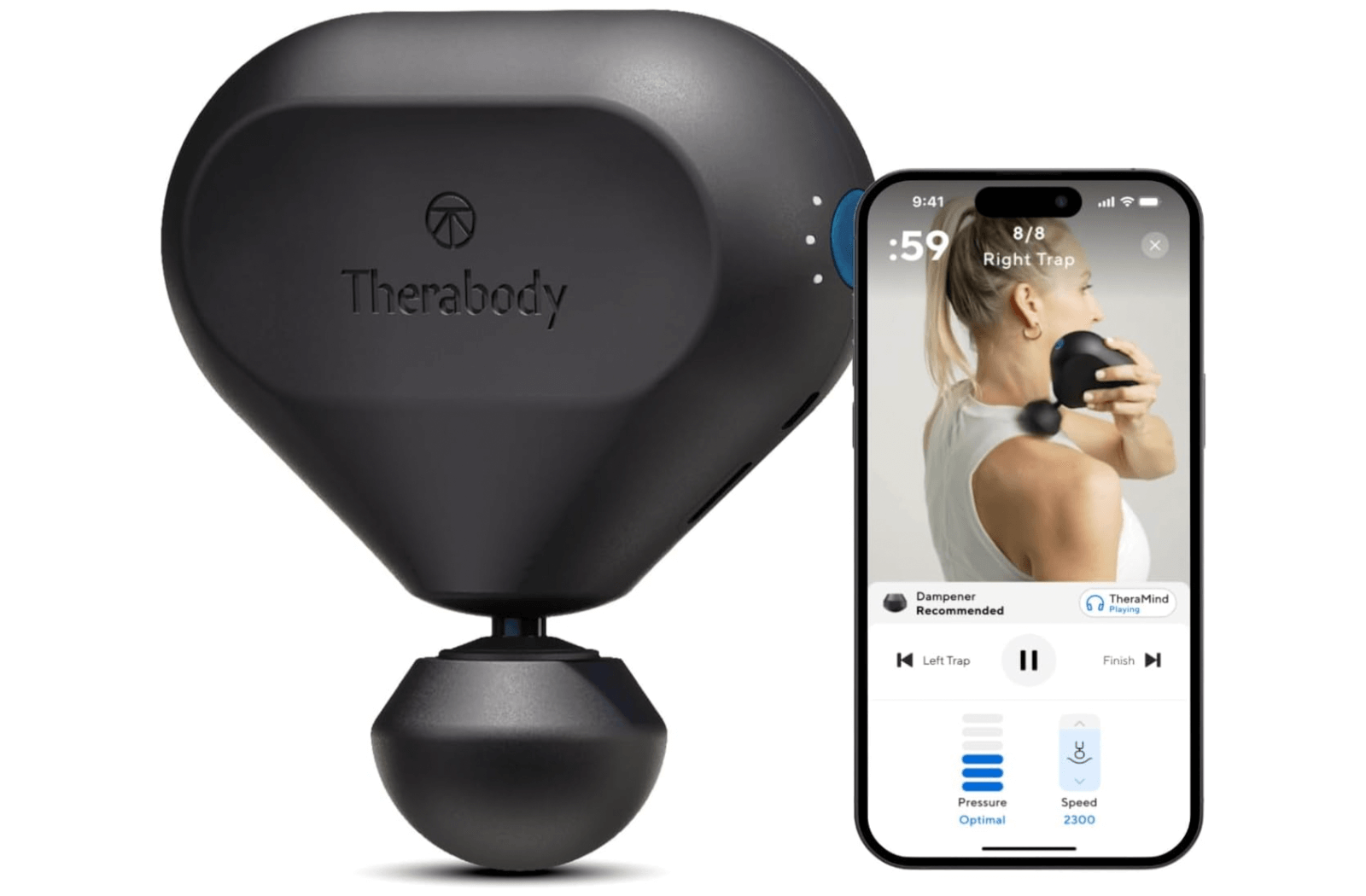 A Therabody massage device, one of the highest-rated self-care gadgets on Amazon, is shown next to a smartphone displaying an app interface, illustrating a user soothing their shoulder pain with ease.