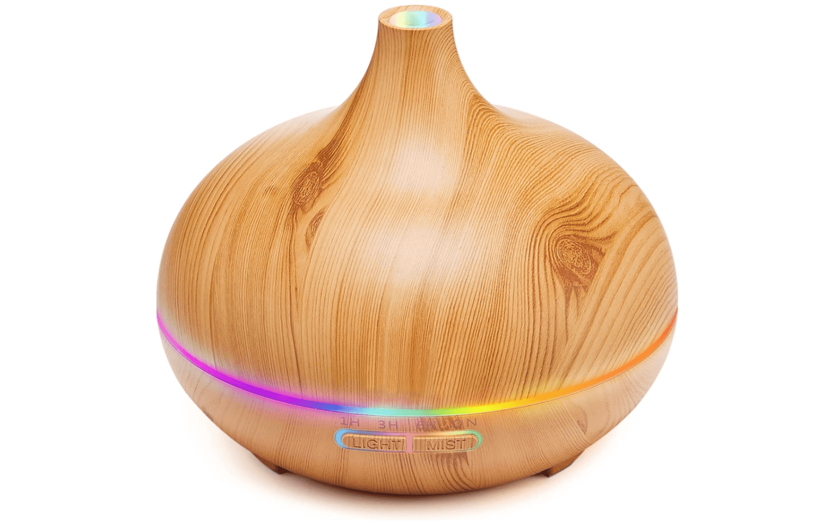 This highest-rated wooden aroma diffuser, a popular self-care gadget on Amazon, features a soothing gradient LED light ring against a pristine white background.