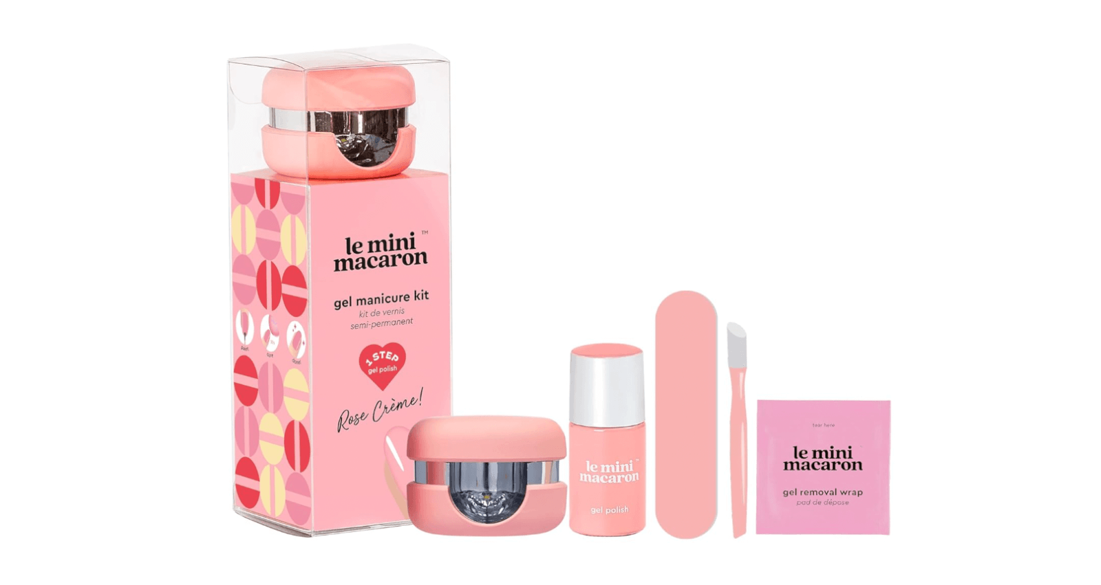 Discover the Le Mini Macaron gel manicure kit on Amazon, complete with an LED lamp, gel polish, nail file, cuticle pusher, and removal wraps—all elegantly packaged in pastel pink. This self-care gadget is perfect for creating salon-quality nails at home.