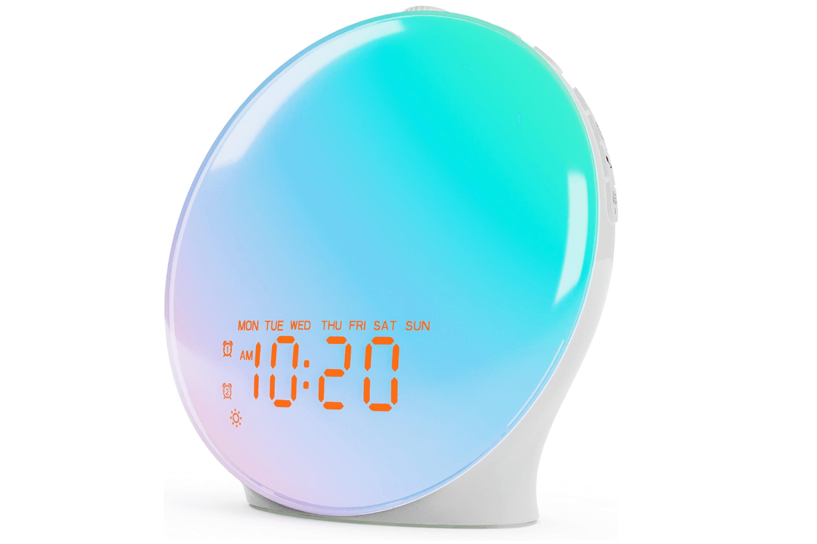 This highest-rated digital clock on Amazon features a colorful gradient display, showing the time 10:20 AM and the days of the week, making it a perfect self-care gadget for enhancing your daily routine.