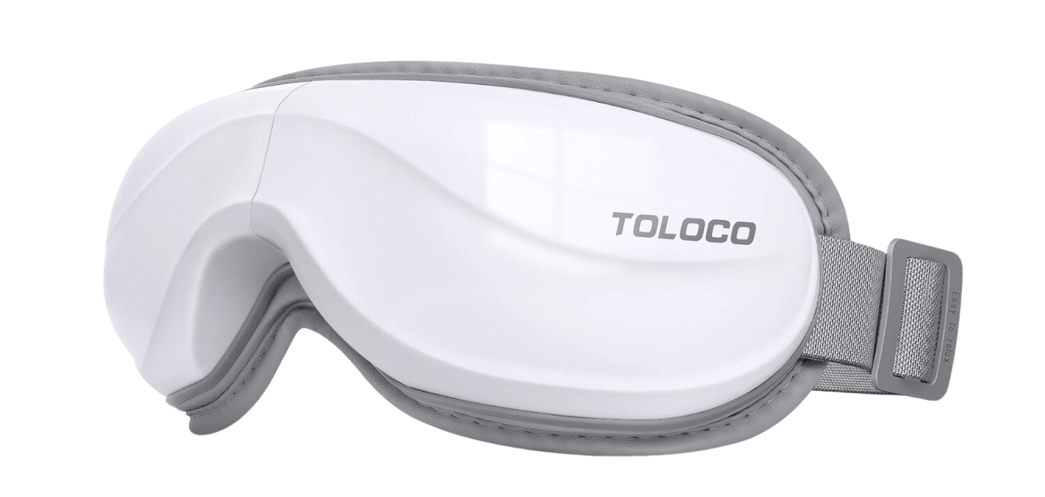 The TOLOCO eye massage mask, in sleek white and gray, stands as one of Amazon's highest-rated self-care gadgets, promising relaxation with style.