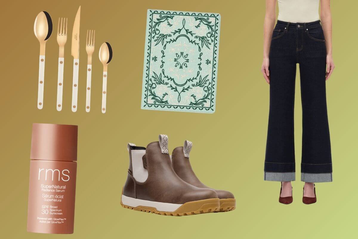 A set of gold and white utensils, a green patterned mat, wide-leg jeans, red shoes, brown boots, and a bottle of RMS sunscreen—these stylish Birmingham FINDS January picks shine on a gradient background.