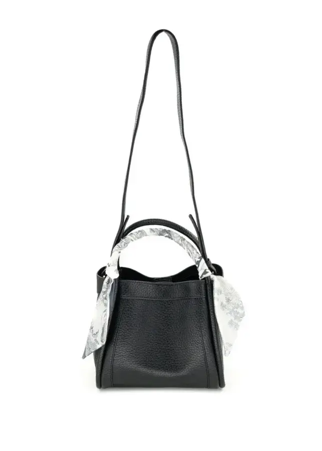 17 Birmingham FINDS for the New Year - 5 A black leather handbag with a long shoulder strap and a white patterned scarf tied around the handle, featured as one of Birmingham FINDS January picks, displayed against a white background.