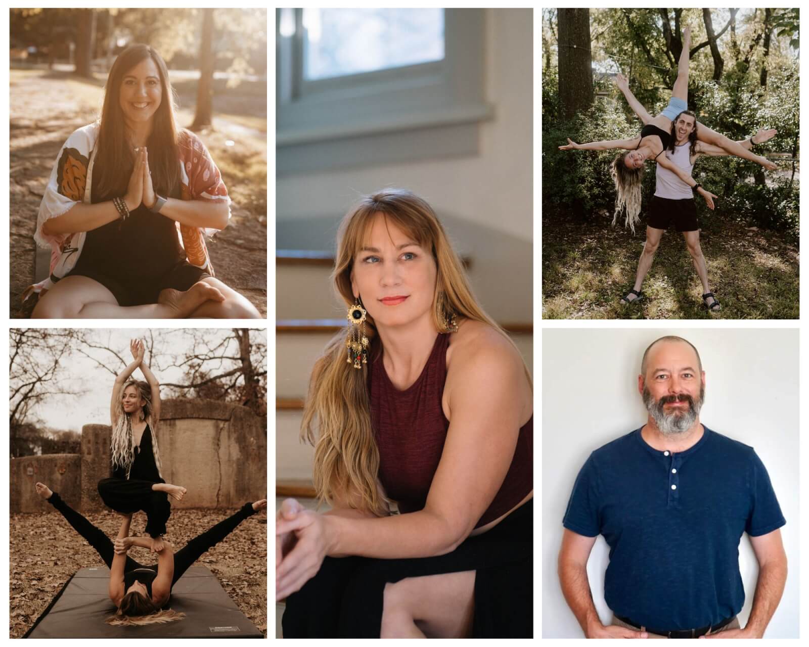 Collage of five individuals in different settings: two in outdoor yoga poses, one seated on stairs, a Body Worker standing in pairs amidst nature, and one smiling against a plain background.