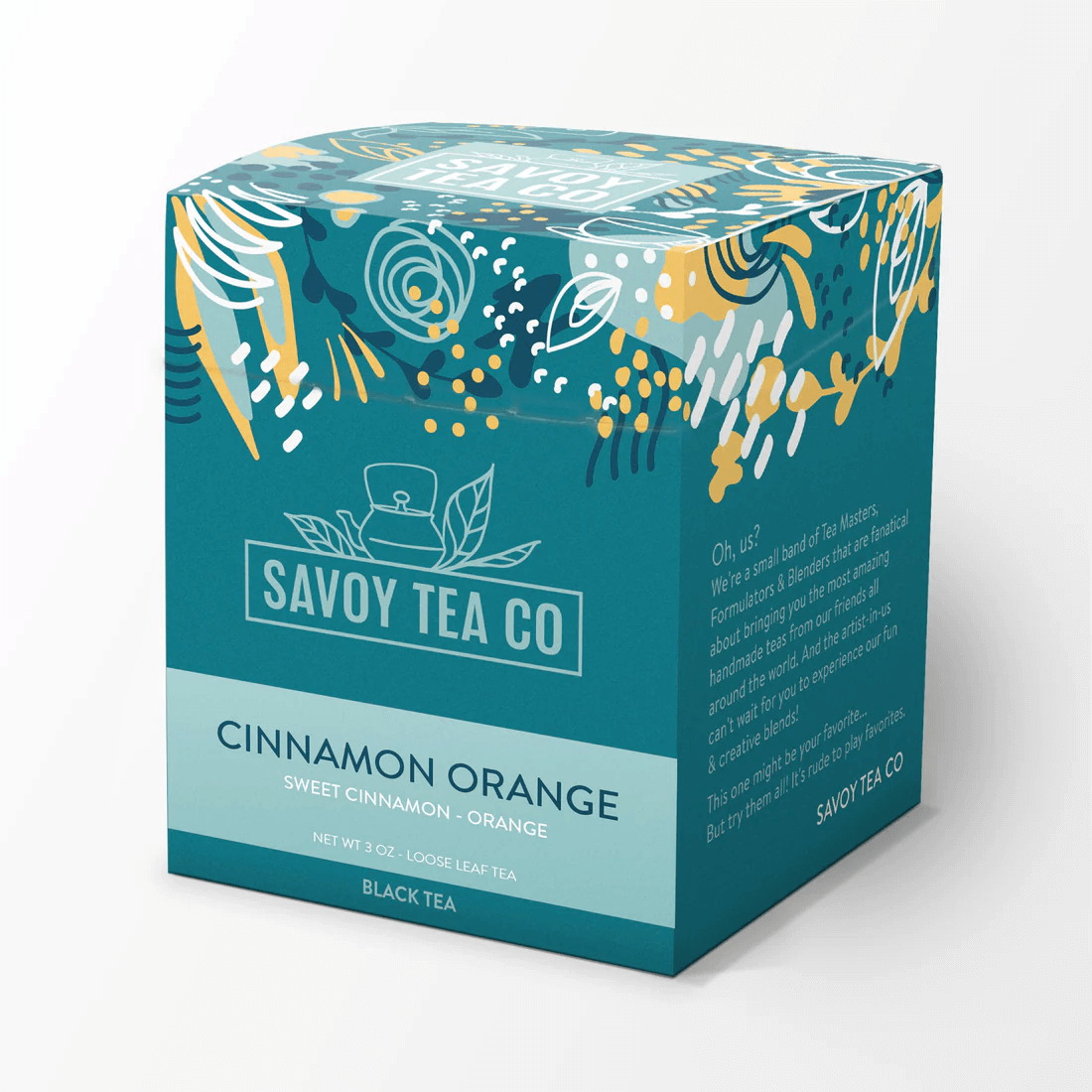 A teal box of Savoy Tea Co. Cinnamon Orange black tea boasts decorative illustrations and text detailing its sweet cinnamon and orange flavor.