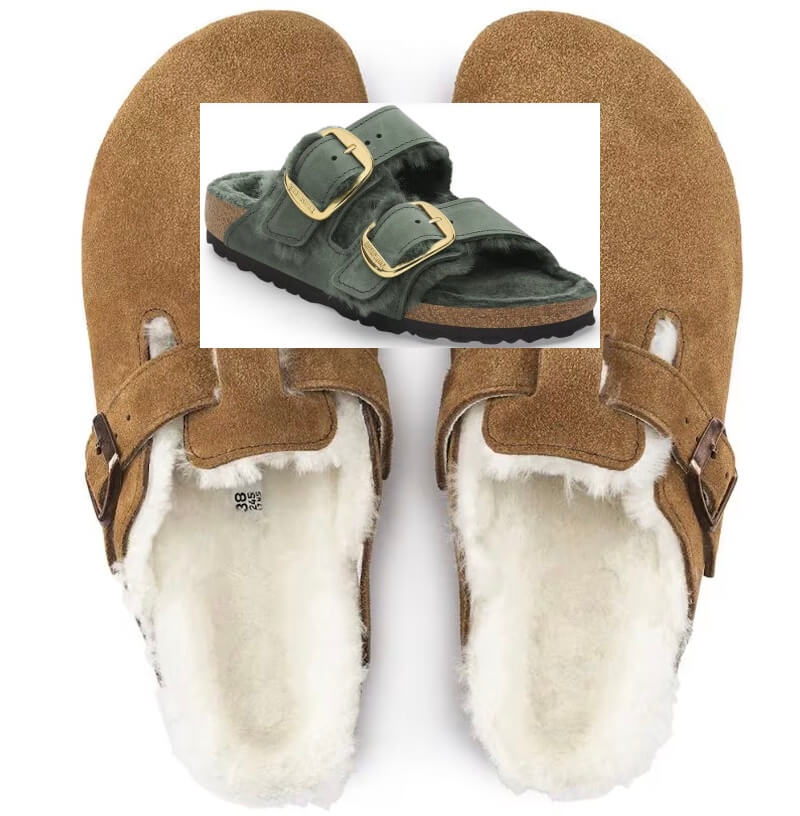 Two pairs of fur-lined clogs; a brown pair with white lining beneath, and a green pair with two straps overlaying the image.