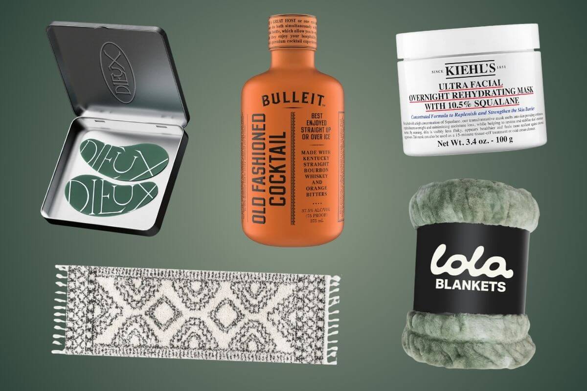 A tin of Deux mints, a Bulleit Old Fashioned cocktail bottle, a Kiehl’s facial mask, a green Lola blanket, and a patterned rug from the SB Hot List January are displayed on a vibrant green background.