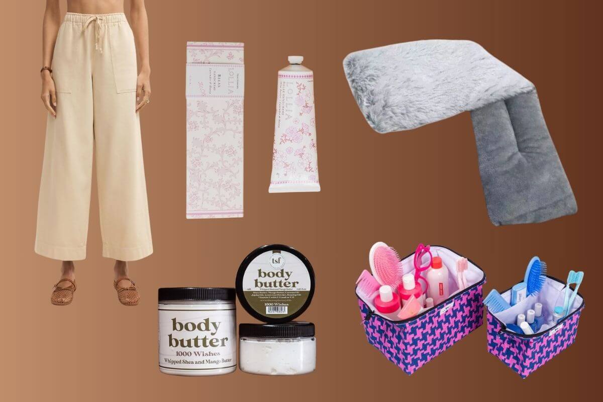 A pair of beige wide-leg pants, a tube of hand cream, a gray hair towel, body butter containers, and two baskets with toiletries are styled for your Memphis finds January edit on a brown gradient background.