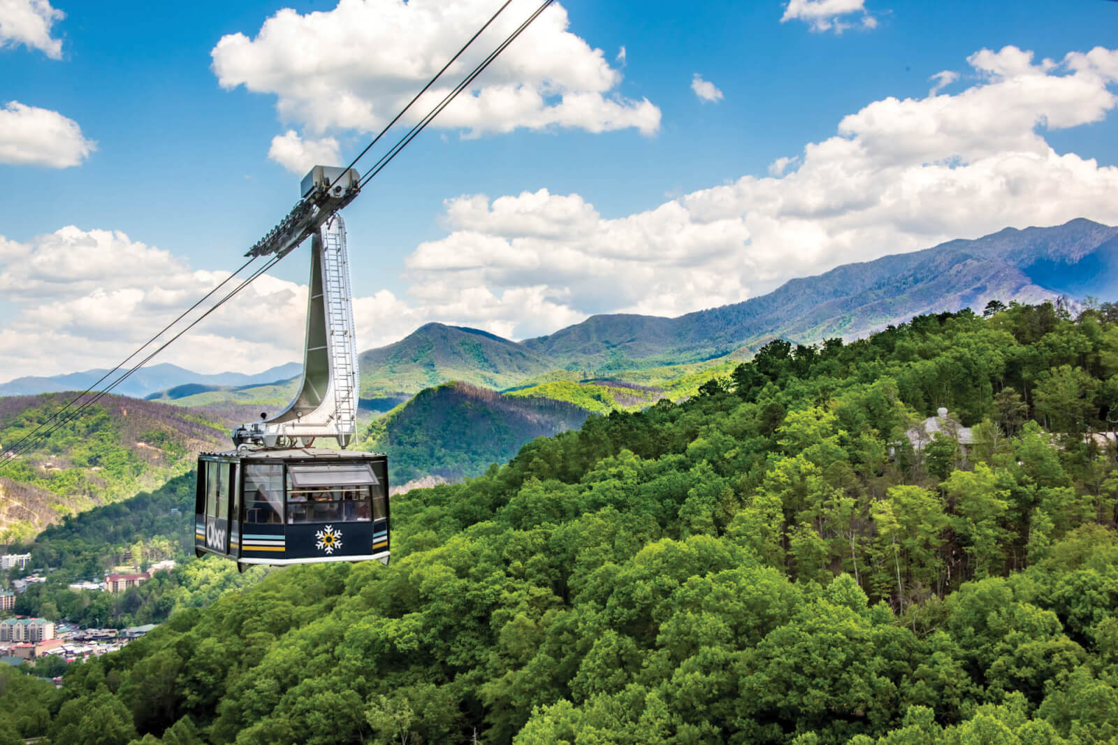Aerial tramway glides above lush green forested mountains and hills, set against a blue sky with scattered clouds—perfect for family vacations in Tennessee.