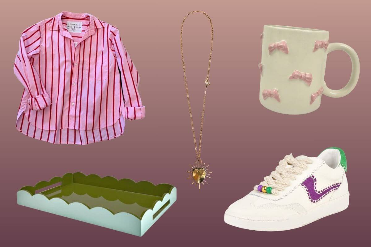 A pink striped shirt, a green scalloped tray, a gold heart necklace, a white mug with pink bows, and a white sneaker with purple detail and beaded laces—discover these Birmingham finds for February on a vibrant gradient background.