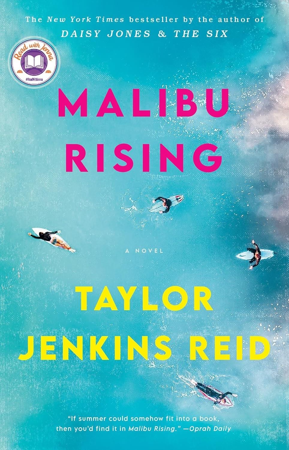 Cover of "Malibu Rising" by Taylor Jenkins Reid, featured in Brianna's Books Summer 2025 collection, showcasing surfers riding waves.