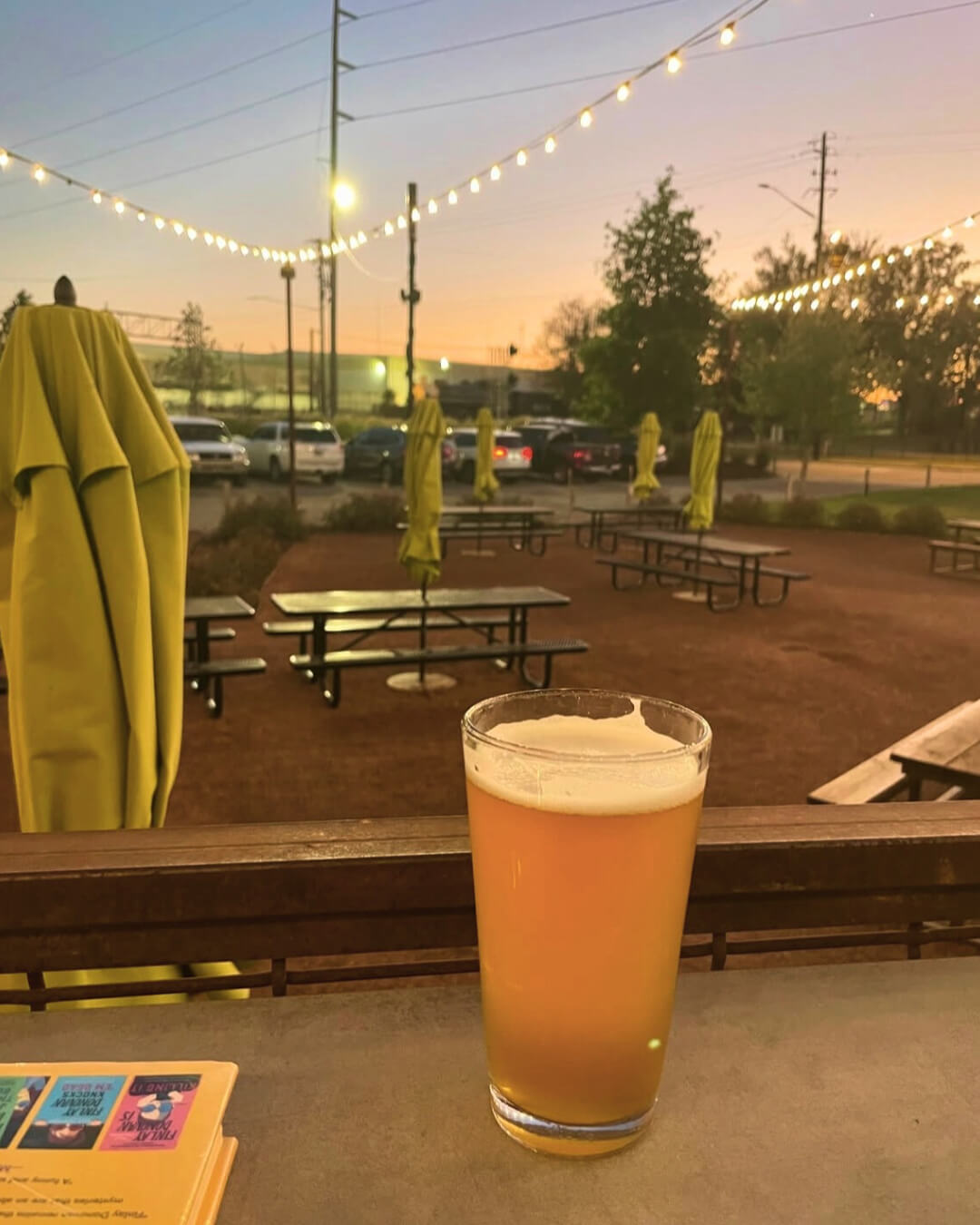 A pint of beer sits on a ledge in Back Forty Beer Company in Avondale, overlooking their string light lit beer garden with picnic tables and closed umbrellas.