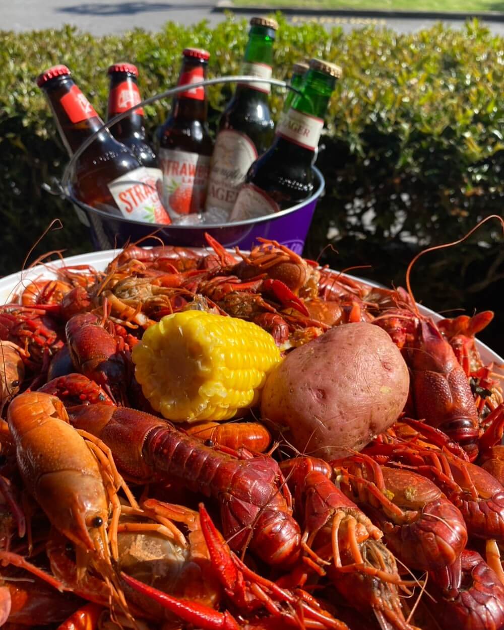 A plate of boiled crawfish with corn and a potato basks in sunlight at Cajun Seafood House while a bucket of assorted bottled beers sits in the background.