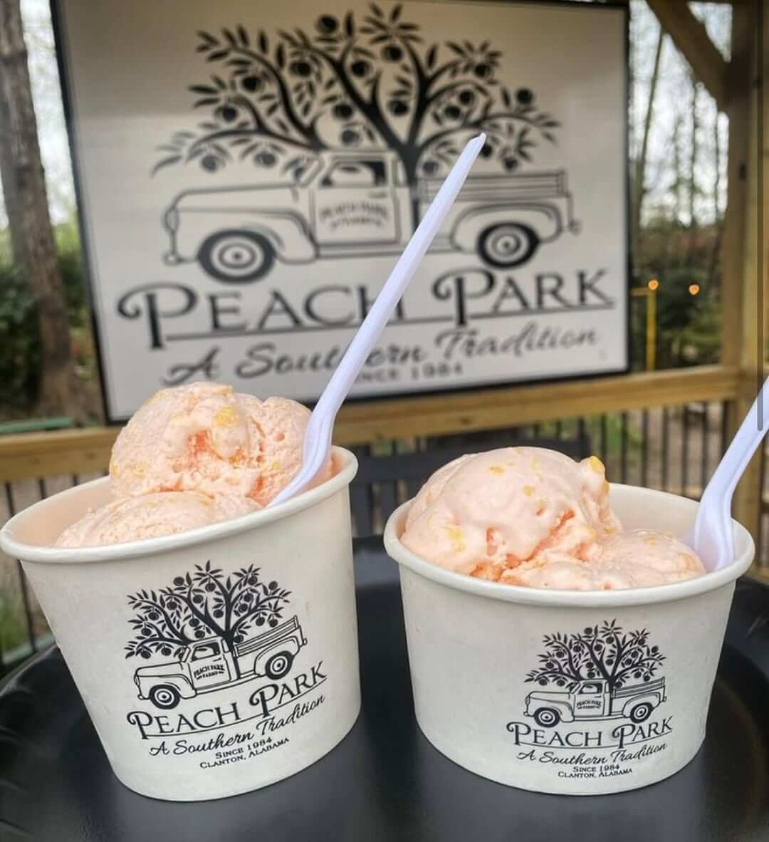 Two cups of peach ice cream with spoons rest on a tray, the cups emblazoned with "Peach Park, A Southern Tradition, Clanton, Alabama" with a matching sign in the background.