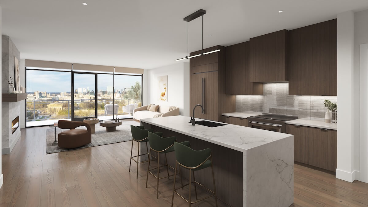 Experience luxury living at Athena at The Park with this modern open-concept kitchen and living room. Featuring dark wood cabinets, a marble island, green barstools, and large windows showcasing a breathtaking Nashville city view.