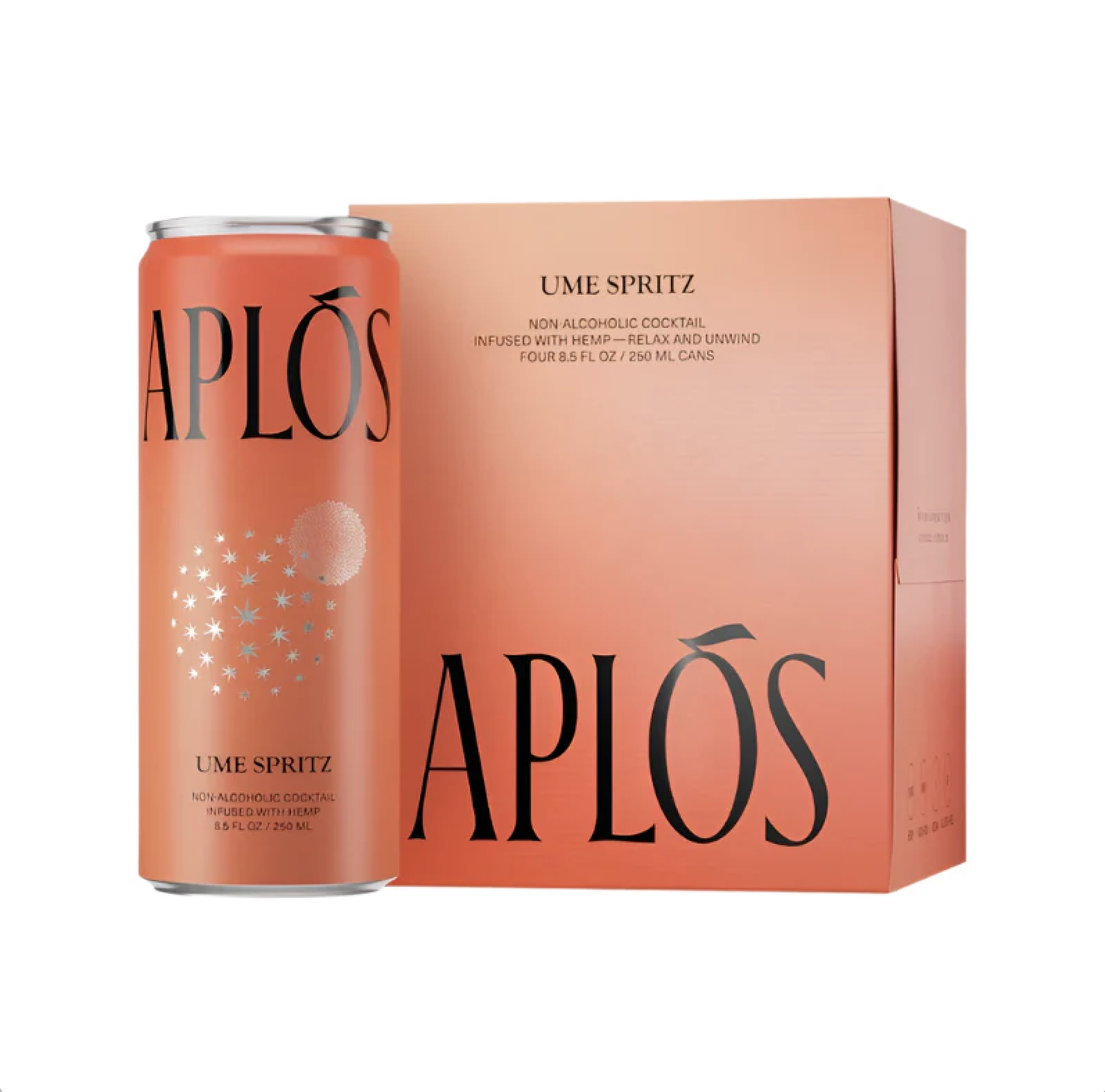 A can of Aplós Ume Spritz is elegantly showcased next to its branded box, reminiscent of a FINDS discovery from March Nashville. This 8.5 fl oz non-alcoholic drink, infused with hemp, features vibrant orange packaging with striking black text.