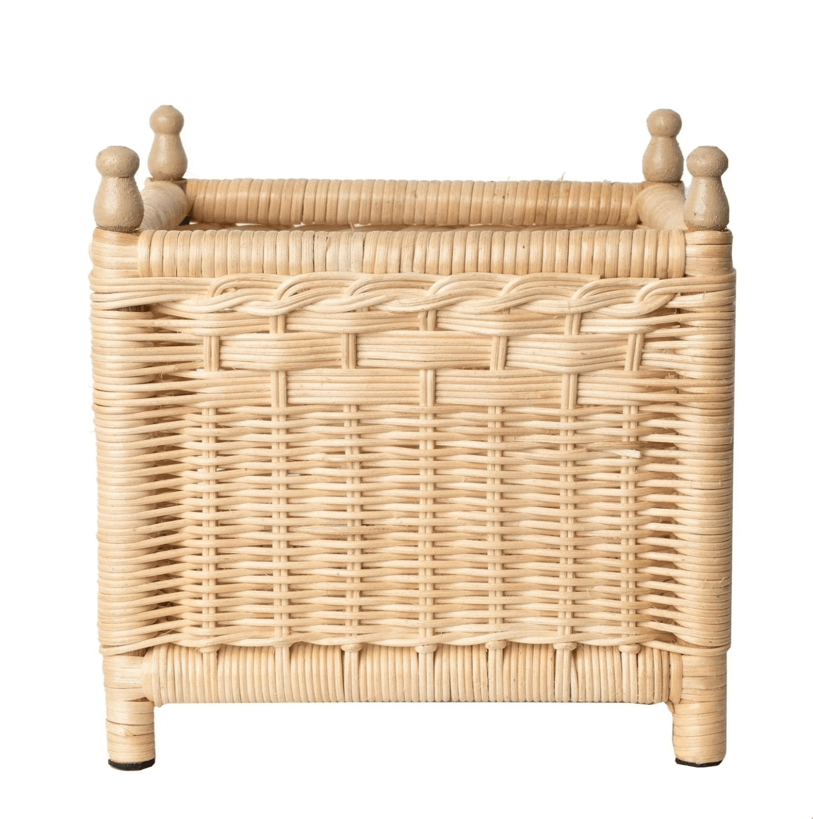 A small, rectangular, light brown wicker basket with vertical sides and two knob-like handles on each side.