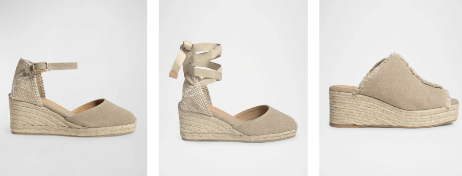 Three pairs of beige espadrille wedge sandals on display, featuring ankle straps and varying designs, including peep-toe and closed-toe styles, offer a modern spin on classic pieces—perfect spring wardrobe essentials against a plain background.
