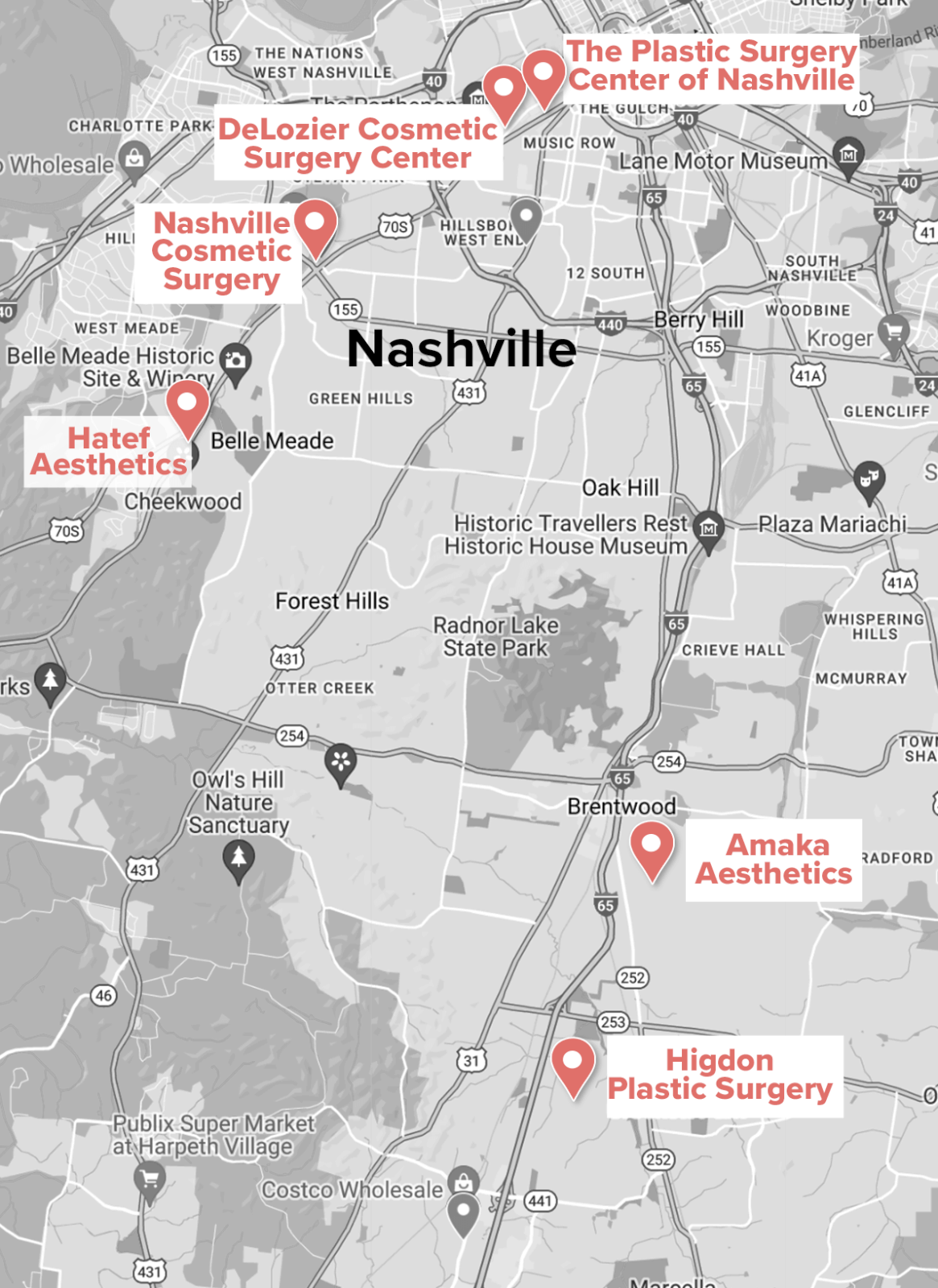 Nashville's map highlights various cosmetic surgery centers, showcasing The Top Plastic Surgeons in Nashville at locations such as DeLozier Cosmetic Surgery, The Plastic Surgery Center of Nashville, and Higdon Plastic Surgery.