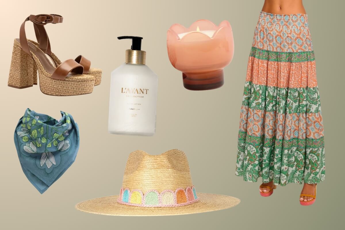 Flat lay of boho-style fashion and accessories featured in Birmingham FINDS March, including platform sandals, a tiered maxi skirt, a straw hat, blue bandana, lotion bottle, and a pink candle.