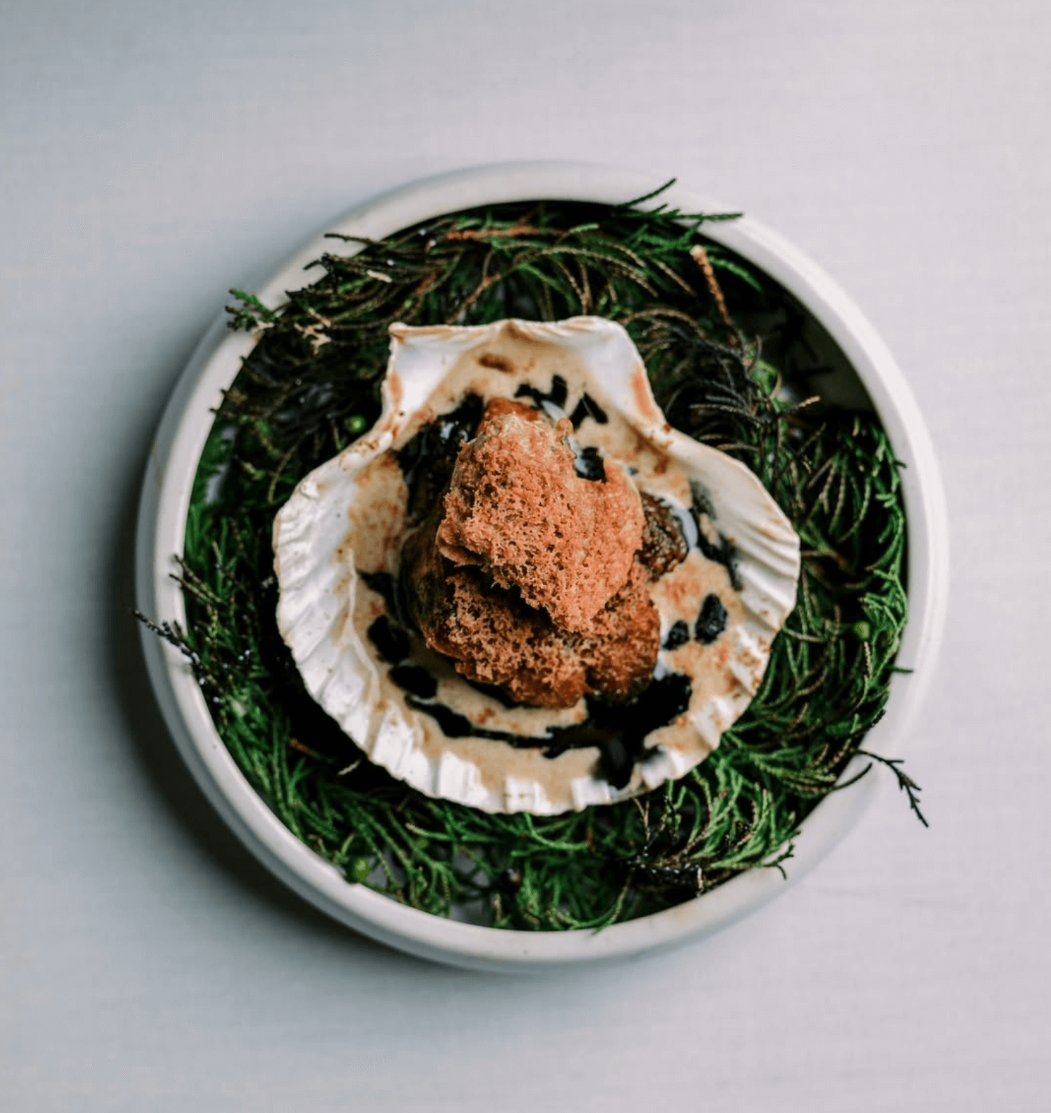 A plated dish from one of Birmingham's exciting new restaurants showcases a brown sponge-like dessert on a shell, surrounded by green herbs, all served on a crisp white plate, exemplifying innovative dining concepts.