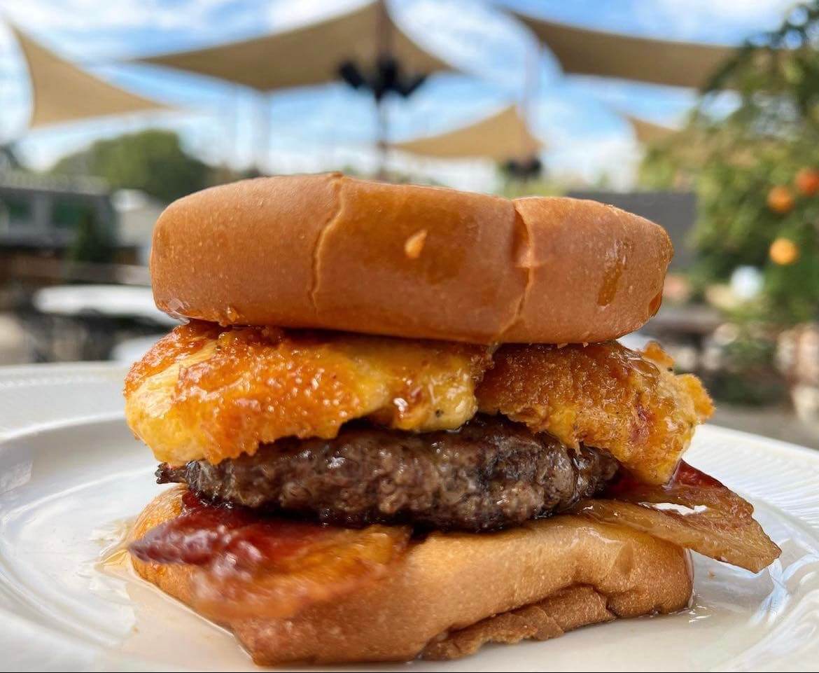 Close-up of a burger with cheese on a toasted bun, resting on a white plate. 