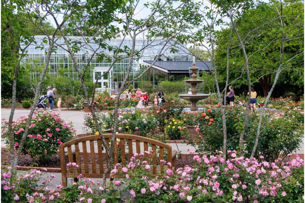 A wooden bench sits among blooming flowers in a garden, with a fountain, people walking, and a greenhouse visible in the background—perfect for relaxing after exploring Memphis events in April.
