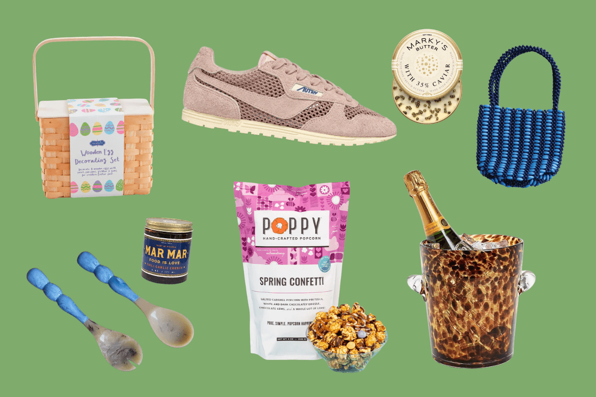 A collage of March FINDS on a green background, featuring a picnic basket, sneaker, caviar, blue bag, ice cream spoons, jam, popcorn, and a champagne bottle in an ice bucket.