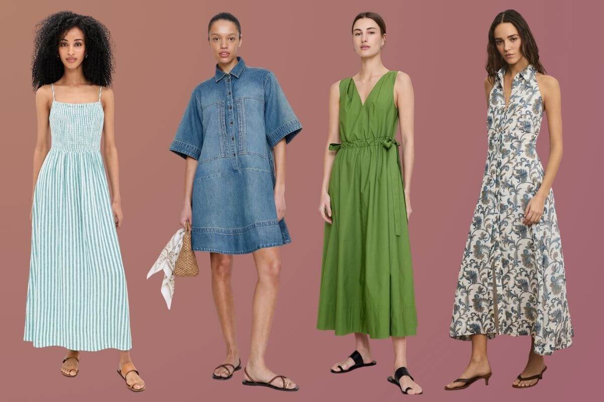 Four women stand side by side wearing different spring dresses for women and sandals against a gradient pink background.