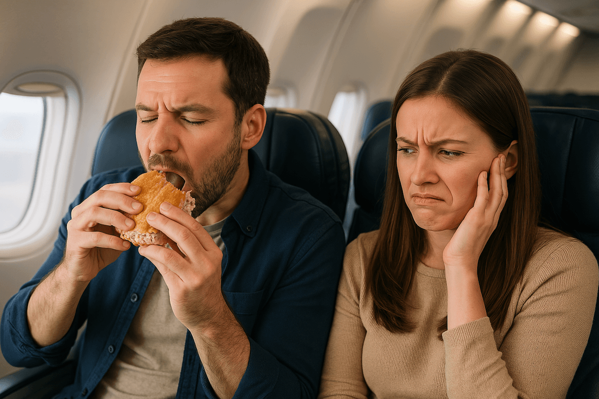 A man eats a sandwich on a plane, but it's clear his choice of banned foods isn't a hit; the woman next to him looks displeased, wrinkling her nose.