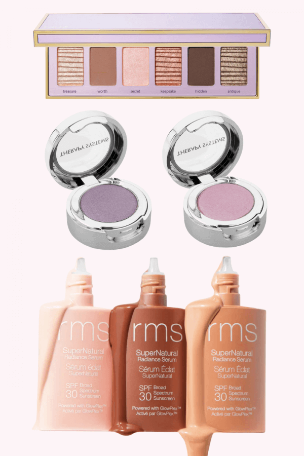 Polished & Playful: What to Wear This Spring - 11 A makeup set perfect for complementing spring outfits includes an eyeshadow palette, two round eyeshadows in pink and purple, and three RMS Beauty SuperNatural Radiance Serums in varying shades.