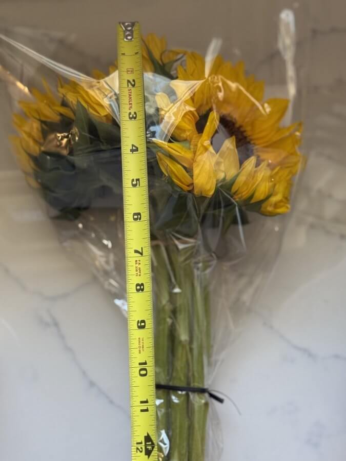 A sunflower bouquet wrapped in plastic lies on a surface, its cheerful blooms brightening the room. Beside it, a tape measure indicates a length of approximately 20 inches.