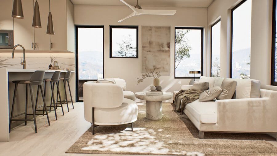 Modern living room and kitchen in Nashville with neutral tones, white sofas, round chairs, bar stools, pendant lights, and large windows letting in natural light.