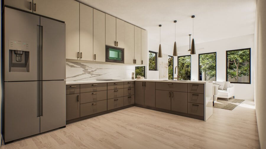 Modern kitchen with gray cabinets, stainless steel refrigerator, built-in microwave, marble backsplash, pendant lights, and large windows overlooking a living area with greenery outside in the heart of Nashville.