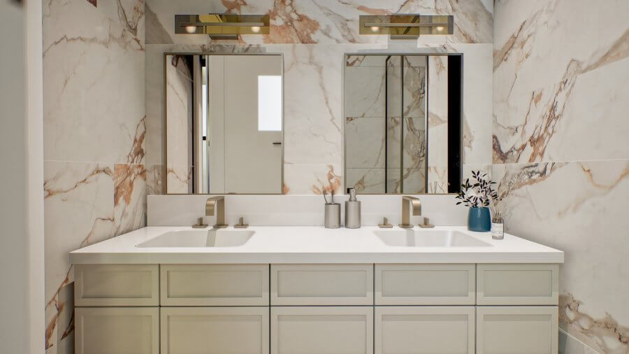 Modern Nashville bathroom with double sinks, white countertop, marble-patterned walls, two mirrors, metal faucets, and a small vase with branches—found at 1043 E Trinity Ln, Nashville TN.