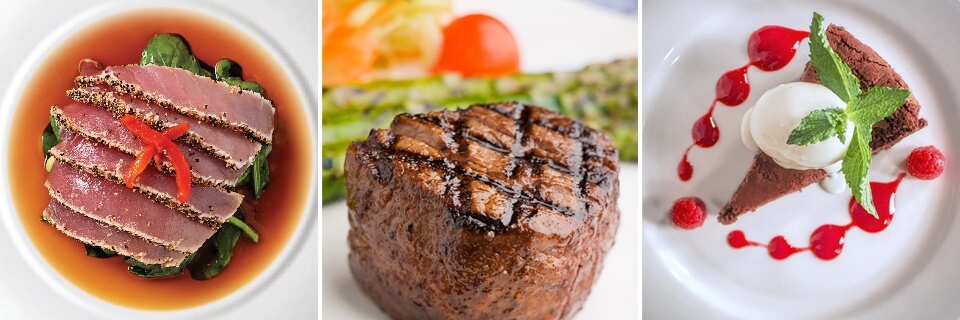 Experience elevated dining with seared tuna and greens, grilled steak paired with vibrant vegetables, and a decadent chocolate cake topped with ice cream, berries, and a mint garnish—all artfully presented on three separate plates.