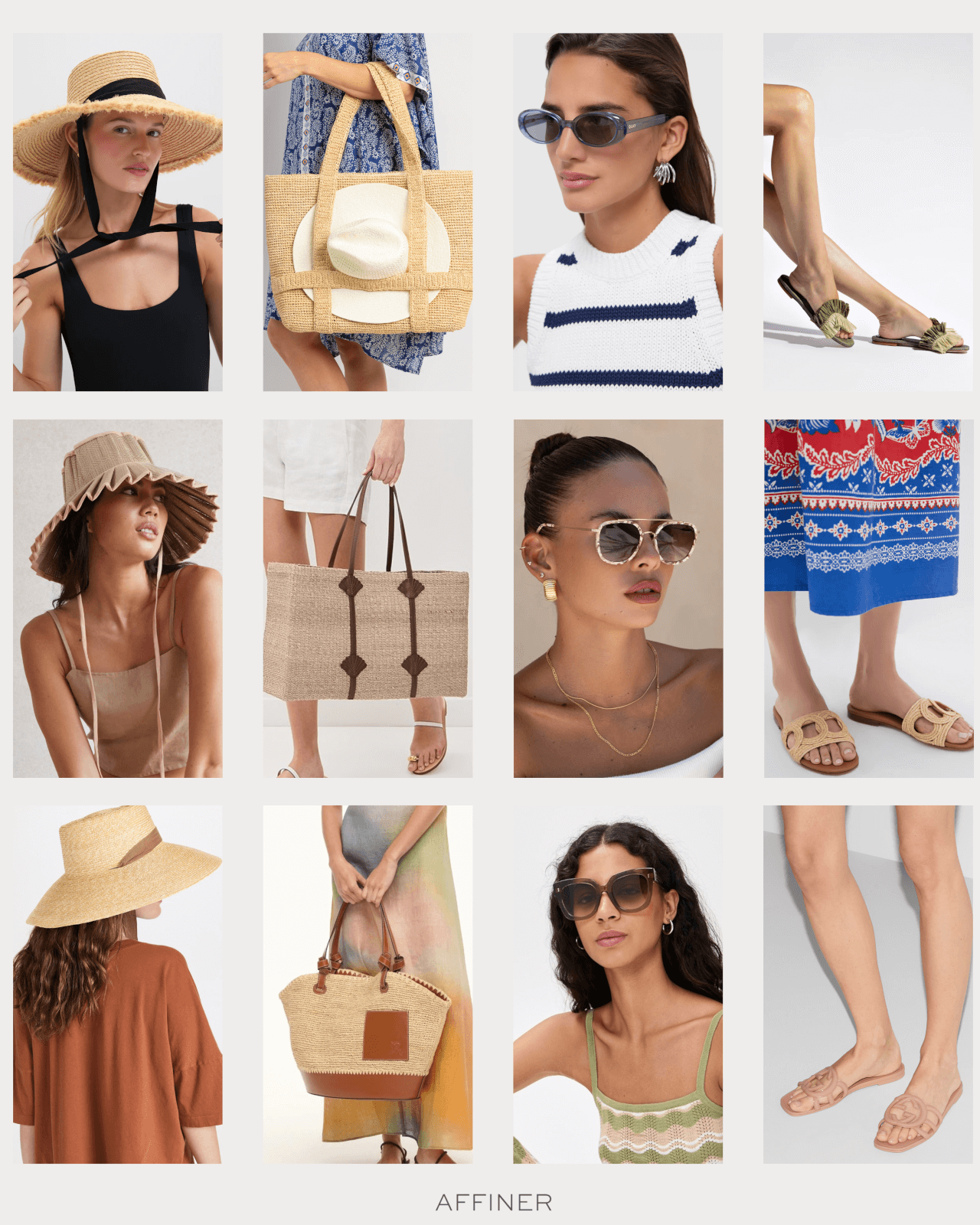 Stylish collage of women modeling summer accessories, including hats, sunglasses, sandals, tote bags, and light clothing in neutral tones.