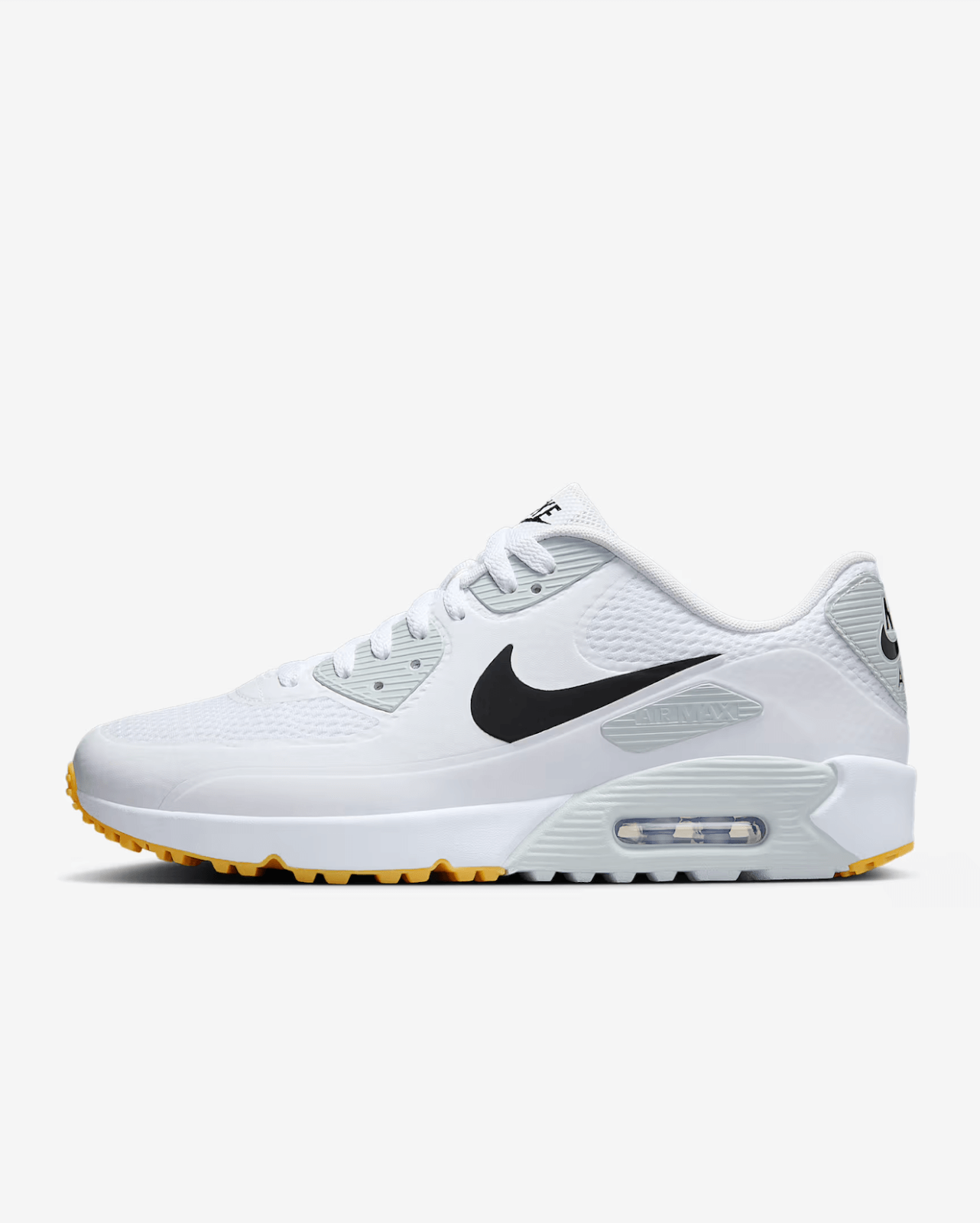White Nike sneaker with a black swoosh logo, visible air cushion in the sole, mesh upper, and a gum-colored outsole—perfect to complete your tennis outfits or elevate your sporty sportswear look. Shown in a side profile view.