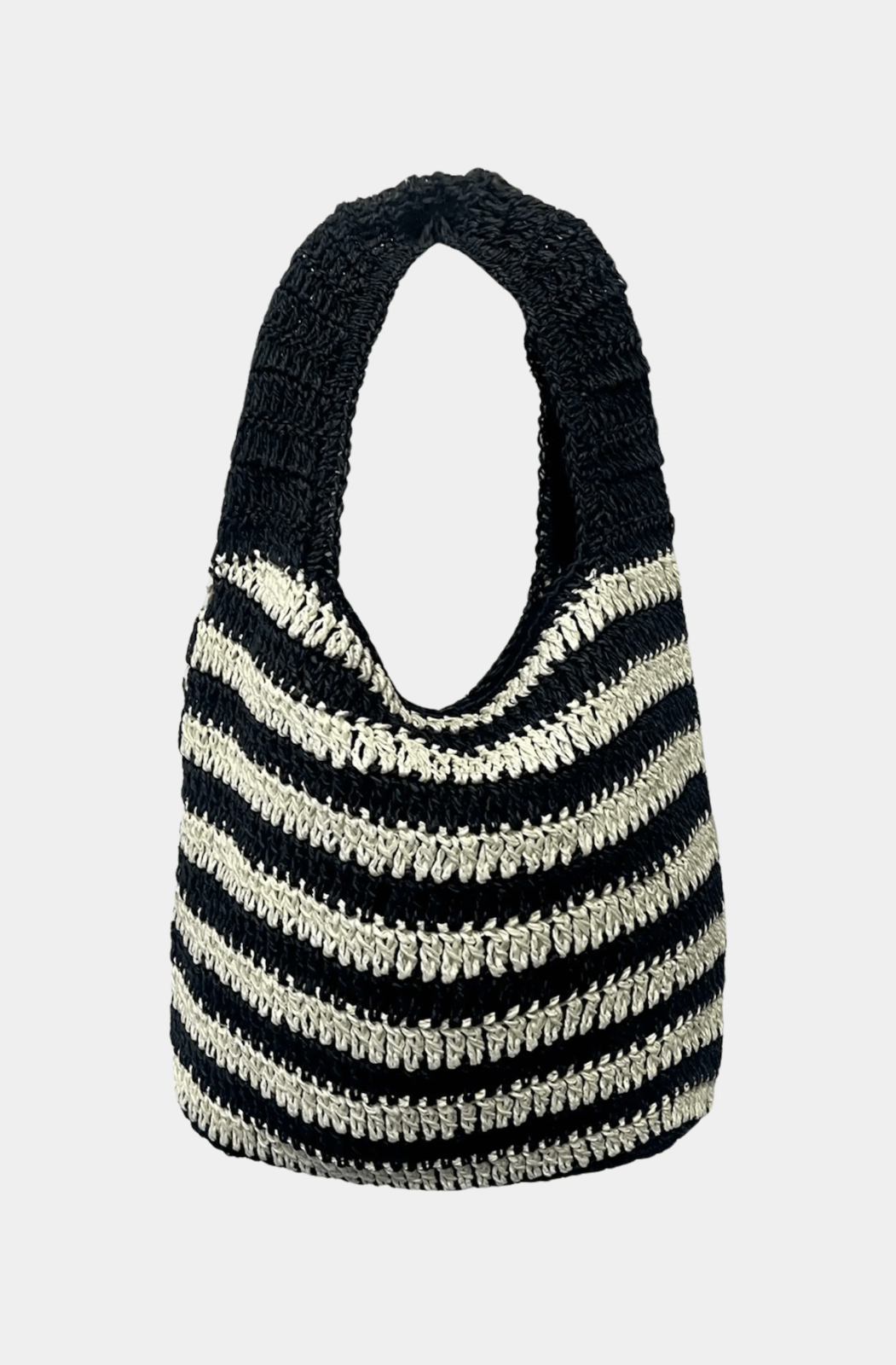 A black and white striped crochet shoulder bag with a thick handle, photographed against a plain light background