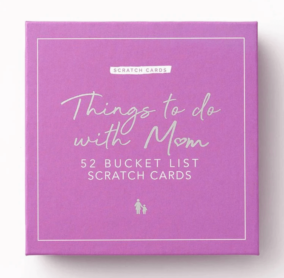 A purple box labeled "Things to do with Mom: 52 Bucket List Scratch Cards" with a small icon of an adult and child at the bottom