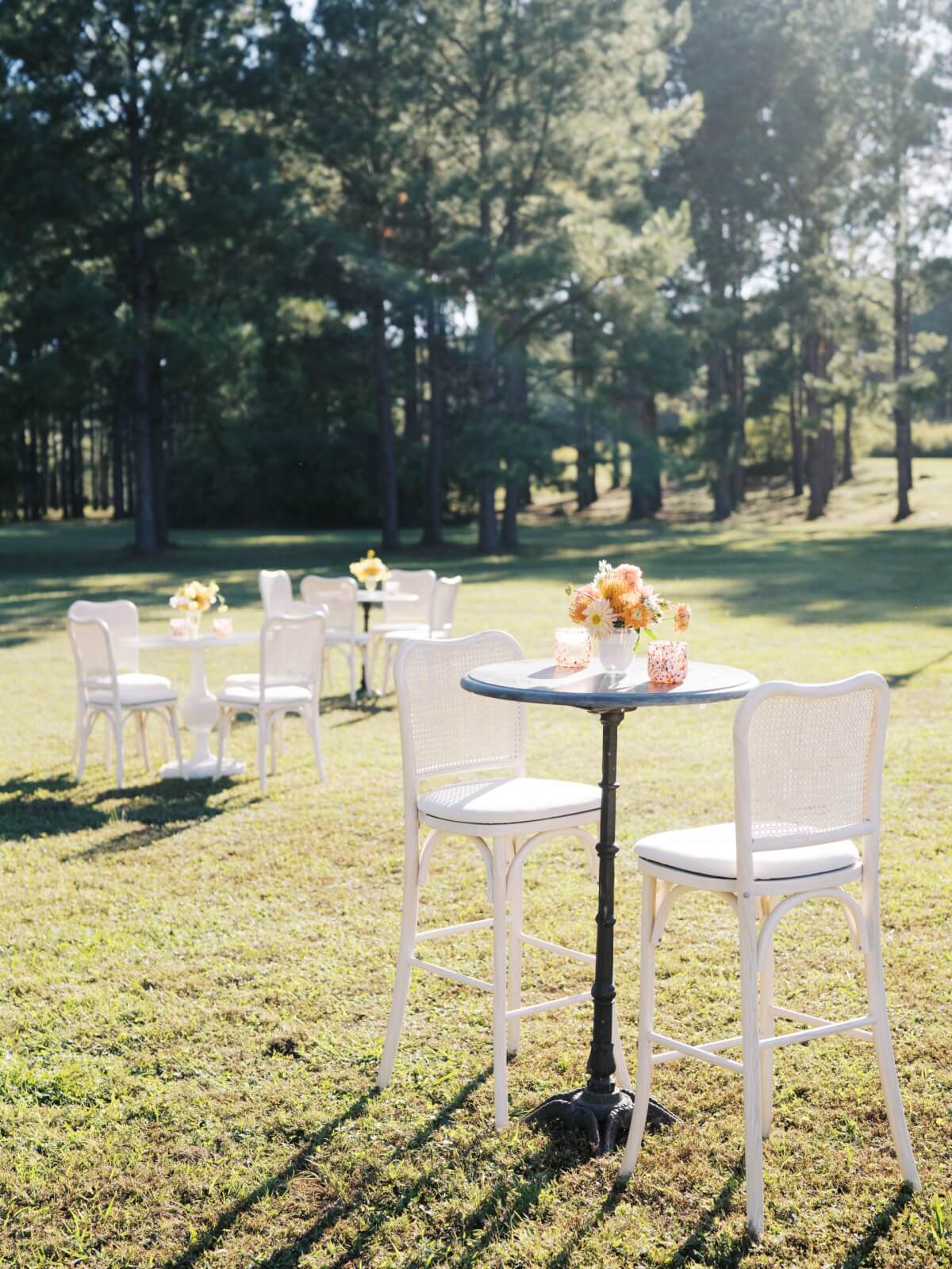 An enchanting Alabama outdoor wedding unfolds on a grassy lawn, where high tables and chairs are elegantly adorned with floral arrangements and glassware. Towering trees stand majestically in the background under a bright, sunny sky, creating a picture-perfect scene styled by a talented event designer.