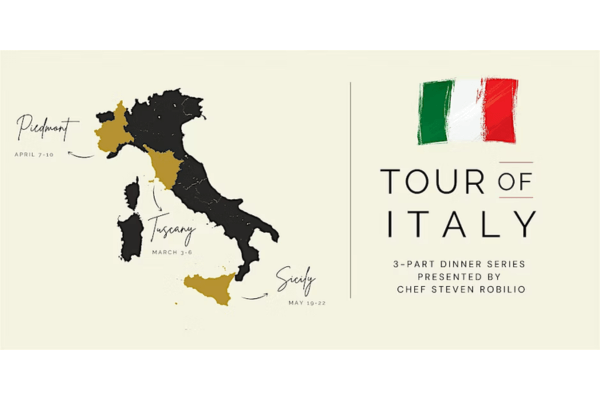 Map of Italy highlighting Tuscany, Piedmont, and Sicily. Text reads: "Tour of Italy-Sicily, 3-part dinner series by Chef Steven Robilio at Amerigo Nashville," with dates for each region. Italian flag displayed.