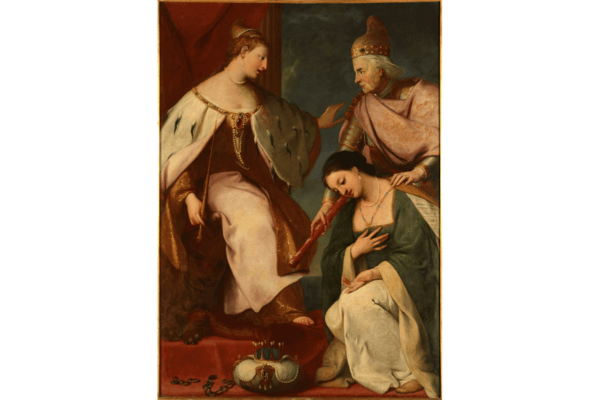 A woman in royal attire sits on a throne with a crown in front of her—perhaps during an opening conversation between Venice and the Ottoman Empire—as another woman kneels beside her and a man in ornate robes gestures toward the throne.