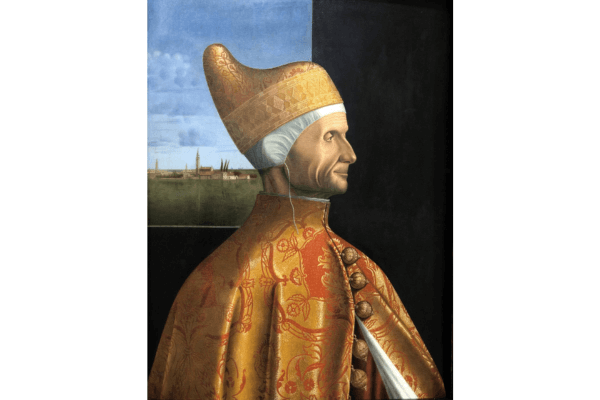 A man in ornate gold and red robes with a tall hat faces right, set against a background divided between a Venetian landscape and a dark section, evoking the grandeur of Venice and echoes of the Ottoman Empire.