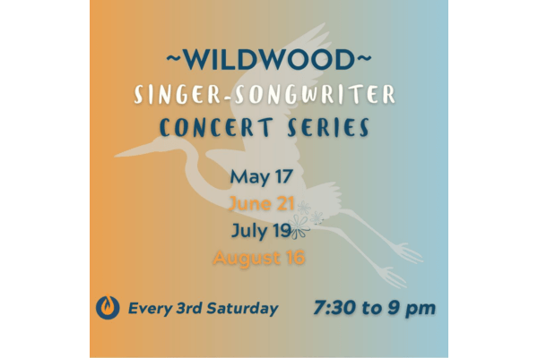 Wildwood Resort presents the Singer-Songwriter Concert Series: May 17, June 21, July 19, August 16. Join us every 3rd Saturday, 7:30–9 pm. Background features a heron silhouette with a blue-orange gradient.