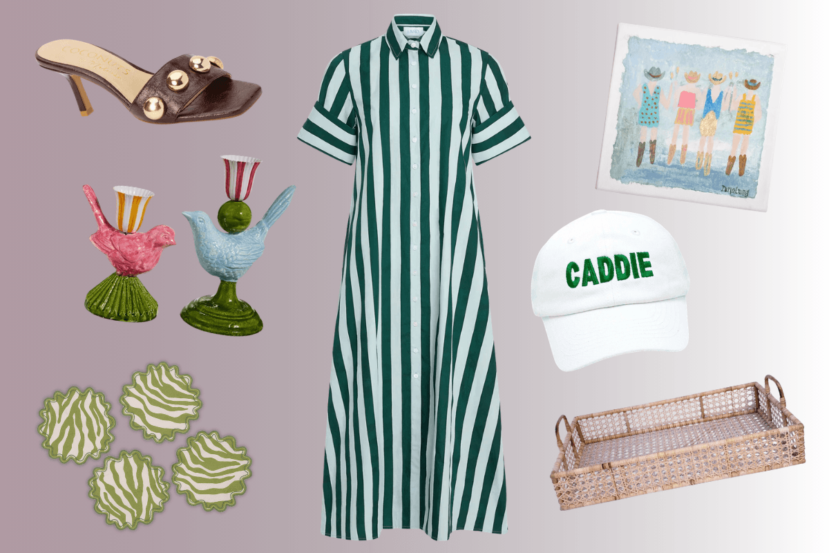 A green and white striped dress, brown heeled sandal, "CADDIE" white cap, wicker tray, bird-shaped candle holders, green coasters, and framed artwork are arranged on a light background for Nashville FINDS April.