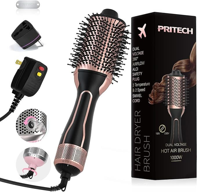 A PRITECH hot air brush hair dryer with various attachments, a power cord, and packaging box displaying product features—a must-have Hair product for all your hair obsessions.
