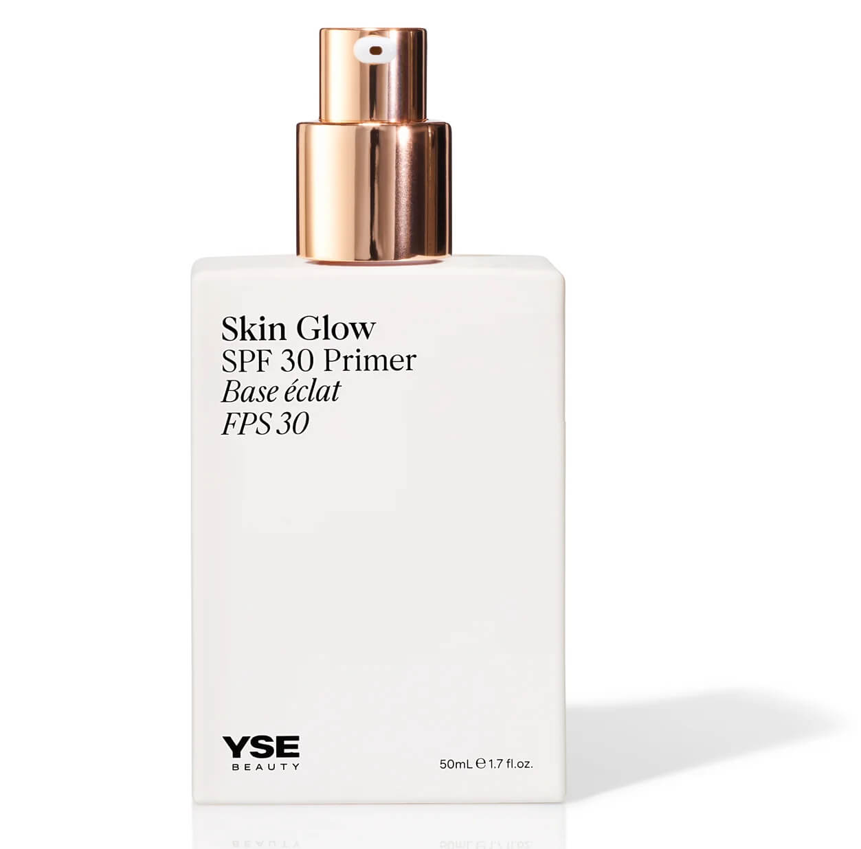 The "Skin Glow SPF 30 Primer" by YSE Beauty, featured on the SB Hot List for April 2025, comes in a sleek white bottle with a gold pump top and contains 50ml or 1.7 fl oz.