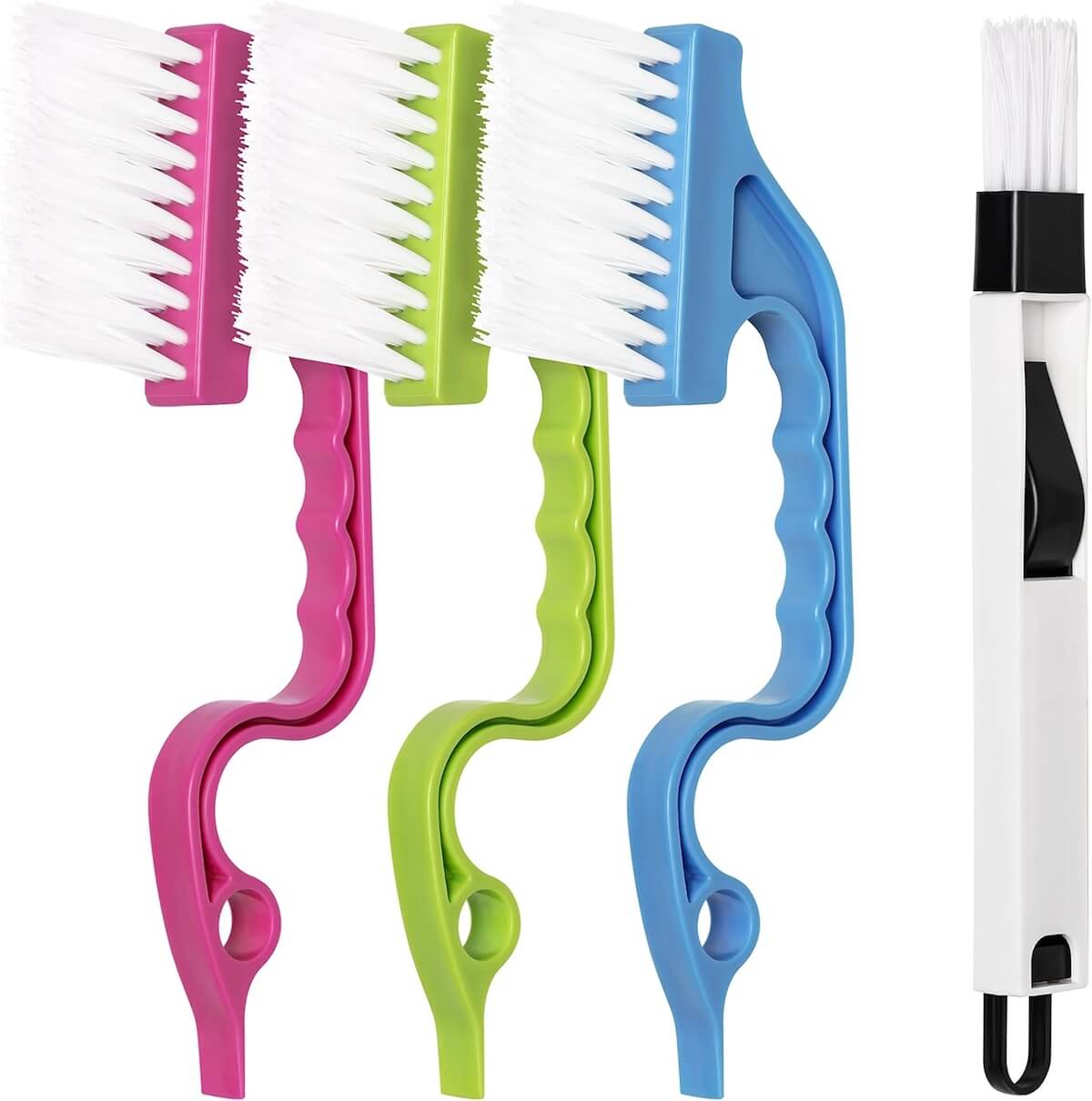 Four cleaning brushes with ergonomic designs. Three boast pink, green, and blue handles paired with white bristles, while the standout brush features a sleek black and white handle with a small brush on each end.